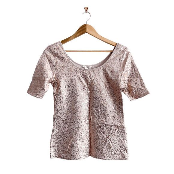 NWT Banana Republic Womens Sequin Blouse Scoop Neck Short Sleeve Rose Gold Small - Picture 1 of 7